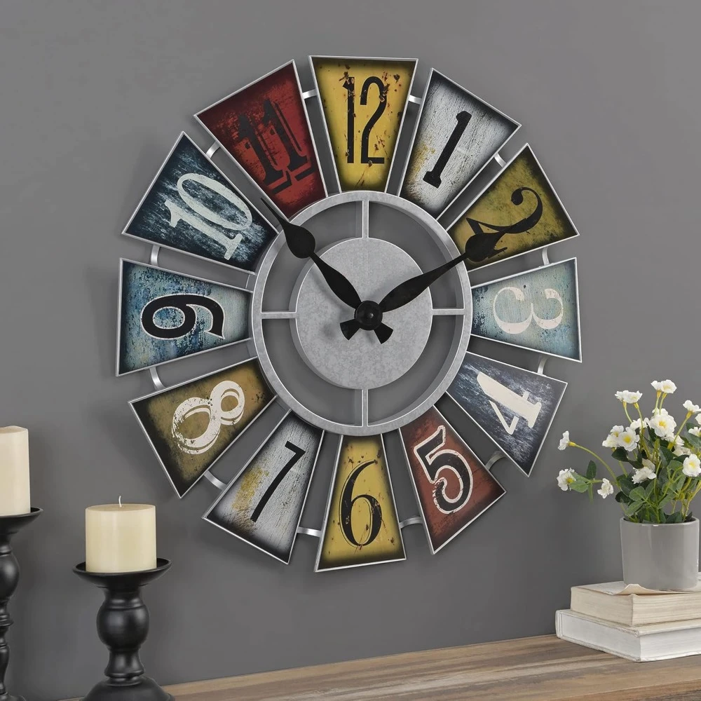 

Multicolor Numeral Windmill Wall Clock, Large Vintage Decor for Living Room, Home Office, Round, Plastic, Farmhouse, 24 Inches