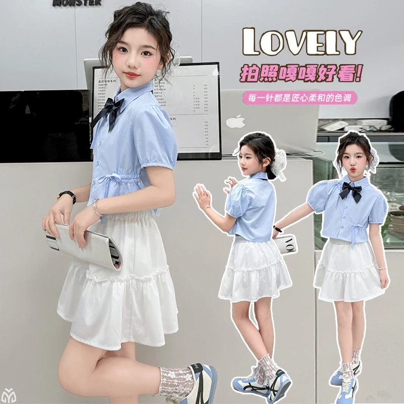 

Girls' College Style Summer Outfit2026New fashionable summer outfit for children: girls' shirt and pleated skirt two-piece set