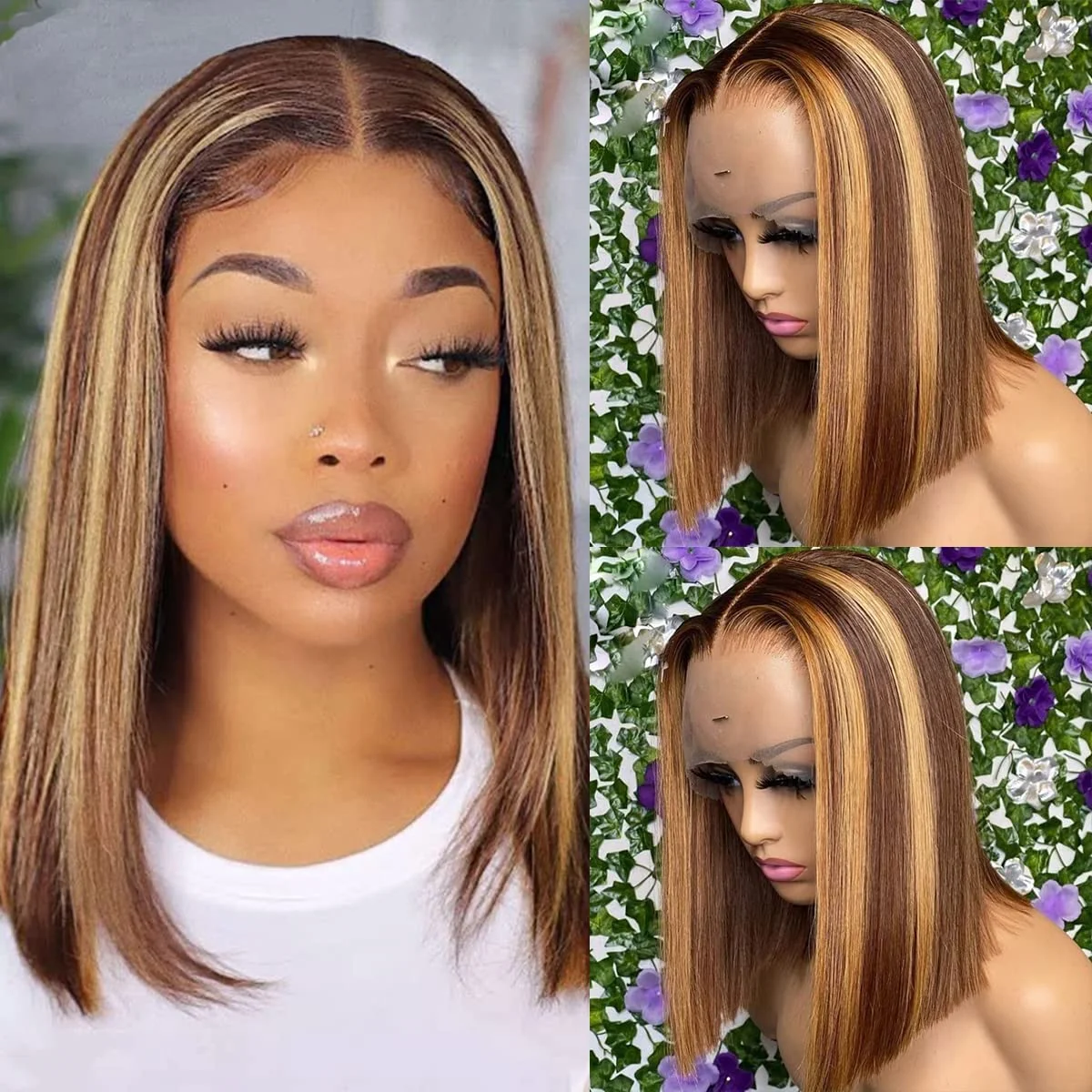 

Прямой парик Ombre Bob Человеческие волосы 4/27, мелированные медовые блондинки, кружевные фронтальные парики, 13x4, парик спереди, человеческие волосы, плотность 180%
