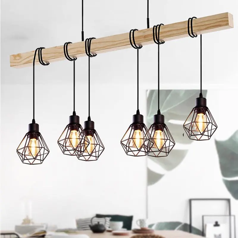 Retro Loft Chandelier Nordic Dining Room Living Room Kitchen E27 Ceiling Lamp 6 Heads Black Restaurant Bar Vintage Wood Light