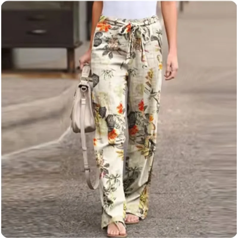 Casual Art Printed Pants Women Pocket Tied Straight Leg Pants Autumn Loose Comfortable Pants Trousers