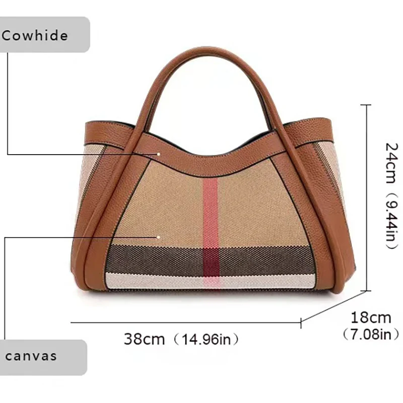 VM FASHION KISS Stripes Handbag Canvas+Genuine Leather 2024 Popular Women\'s Bags Large Retro Checkered Shoulder Messenger Bag