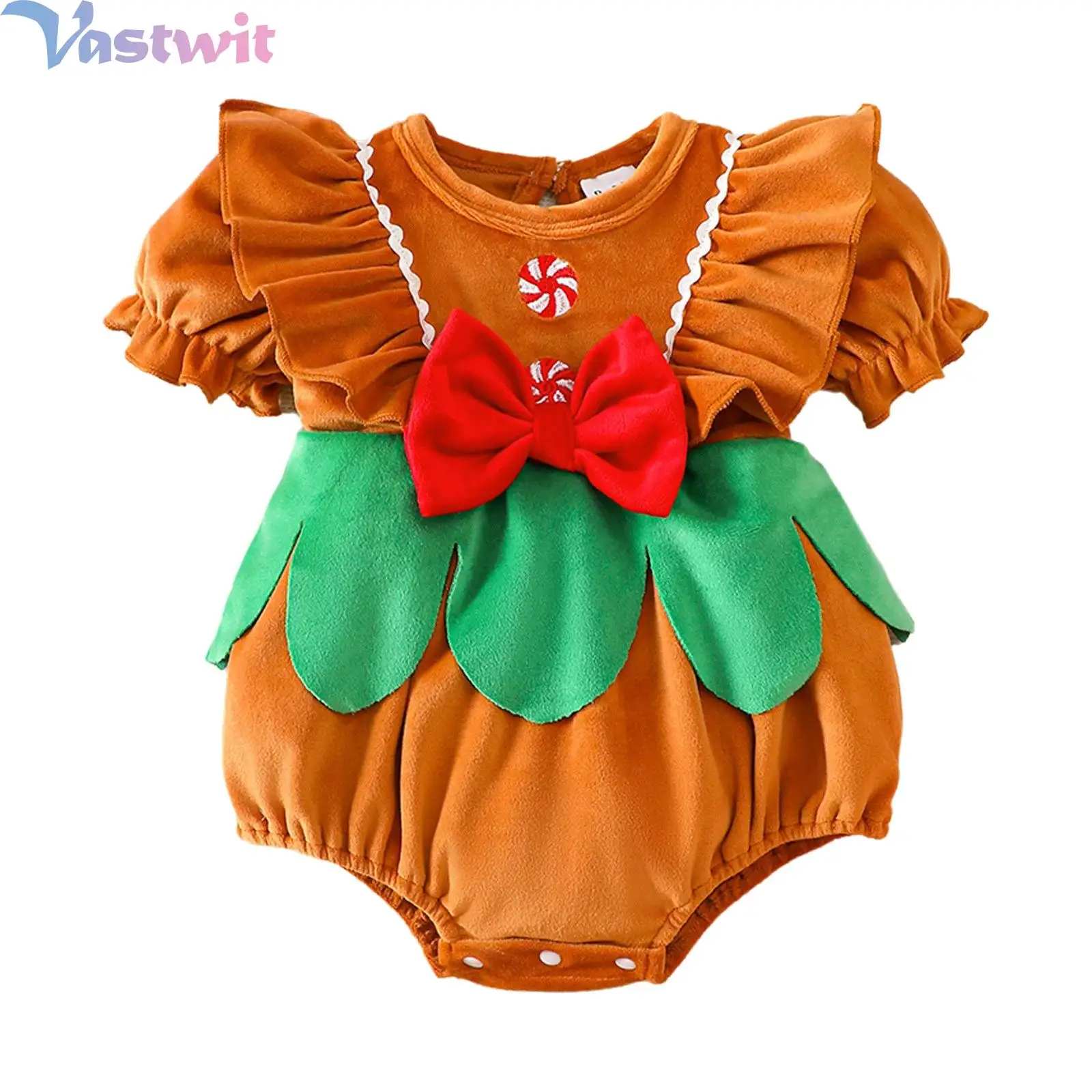 Baby Girls Christmas Ruffled Velvet Romper Short Puff Sleeves Press Button Crotch Bowknot Bodysuit Party Family Photo Jumpsuit