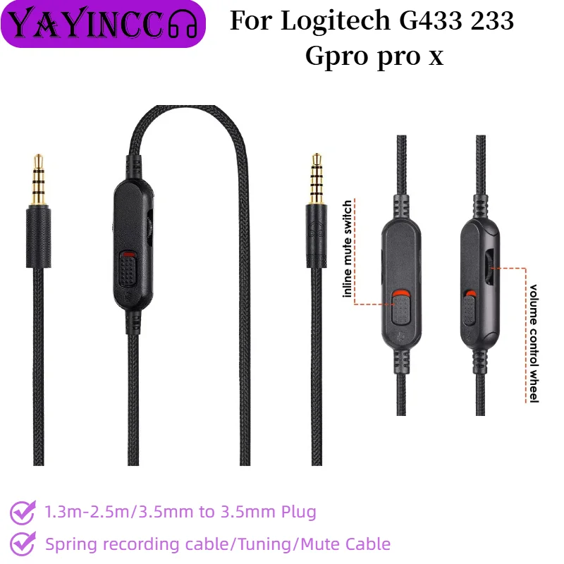 

Plug and Play High quality audio cable For Logitech G433 233 Gpro pro x tuning cable headphones silent 2-in-1 2m braided cable