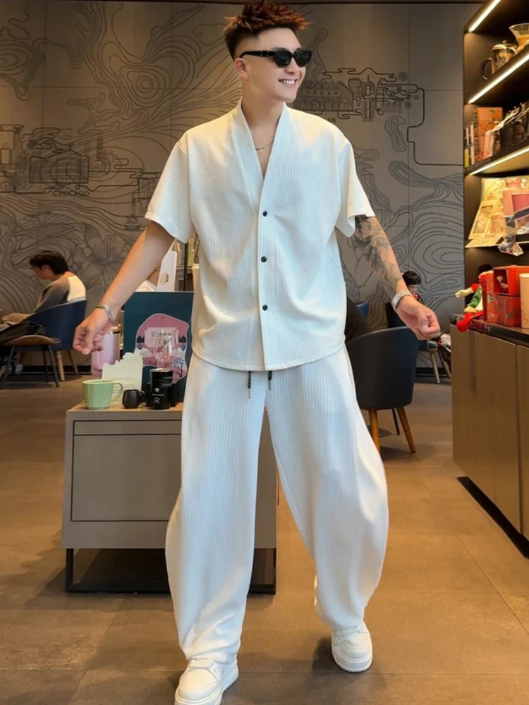 

Летний модный свободный мужской комплект ort Sve V-Ne, широкие брюки, повседневная спортивная одежда из двух предметов, свободная посадка, молодежная текстурированная мода