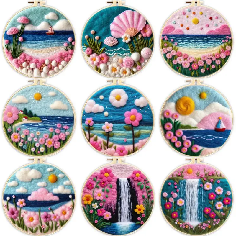 

SDOYUNO Painting DIY Wool Felting Embroidery Kit For Beginner Creative DIY Wool Needle Pink Landscape Felt Picture Kit Mom Gift