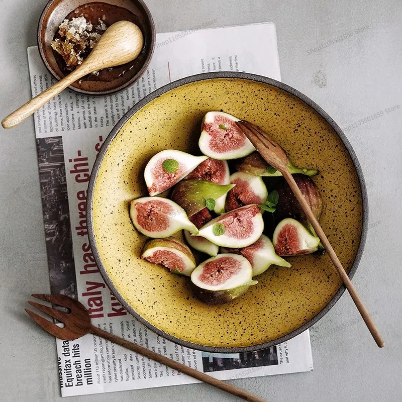 For Coarse Pottery Hat Noodle Bowl, Creative Retro Vegetable Plate, Household Soup Plate, Deep Plate Salad Bowl