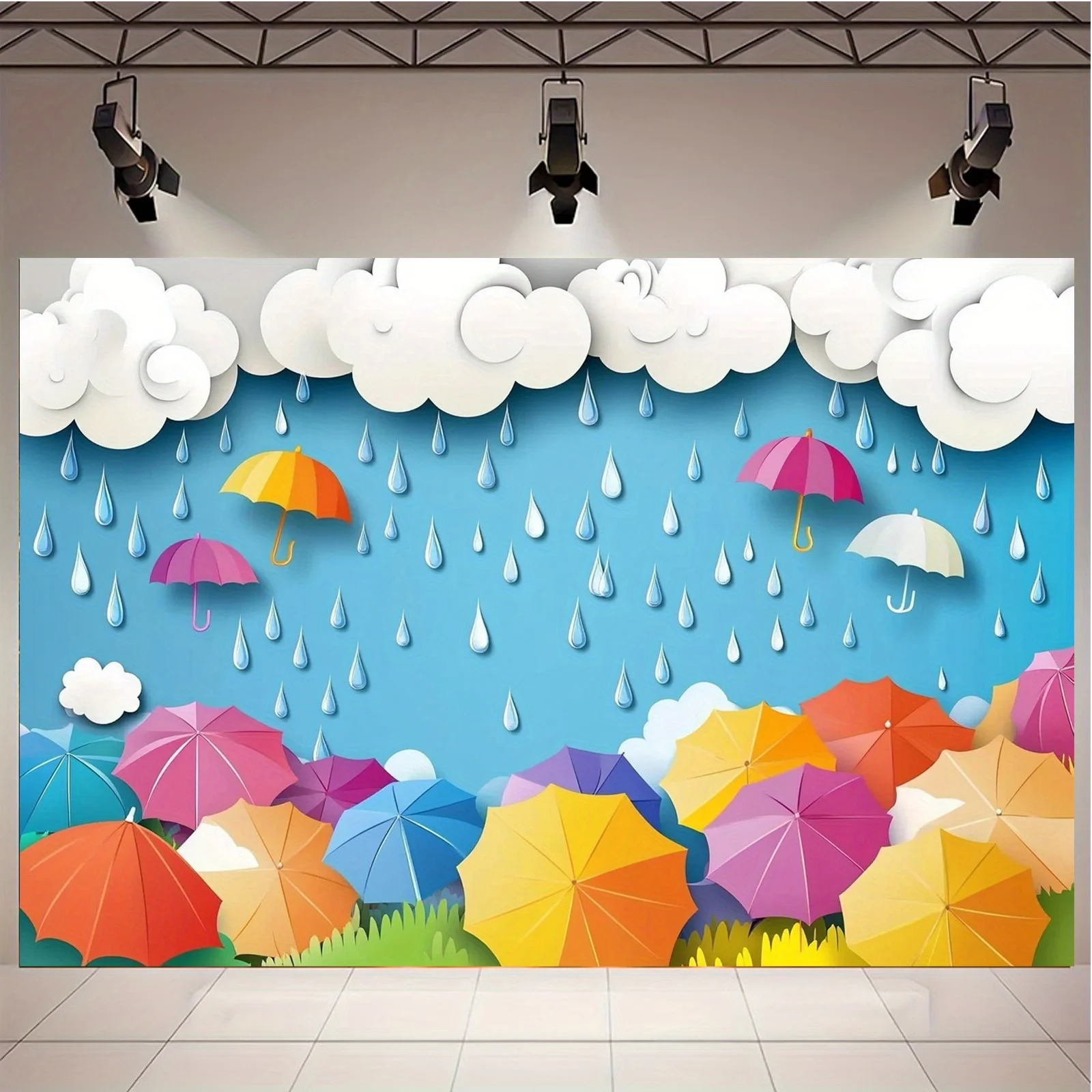 Bunter Regenschirm- und Regentropfen-Fotografie-Hintergrund – perfekt für Kindergeburtstage und regnerische ThemenpartysL