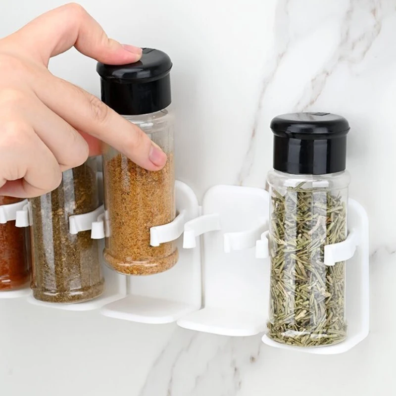 Wall Spice Bottle Rack Kitchen Seasoning Storage Holder Self Adhesive Plastic Clip Cabinet Door Hooks Spice Jar Dispenser Holder