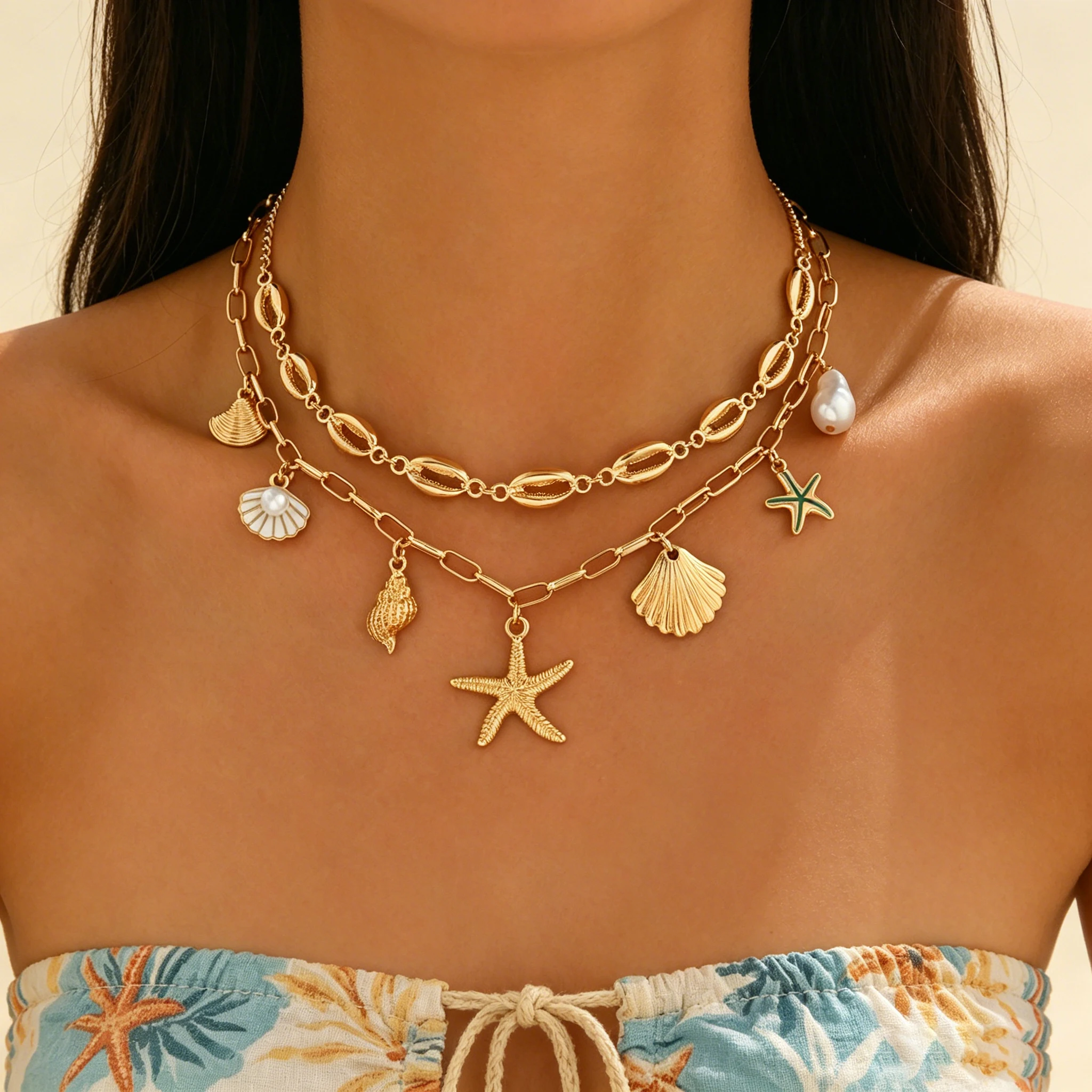 2 Piece Layered Beach Necklace Set Seashell Starfish Cowrie Pearl Pendant Paperclip Chain Boho Summer Trendy Jewelry