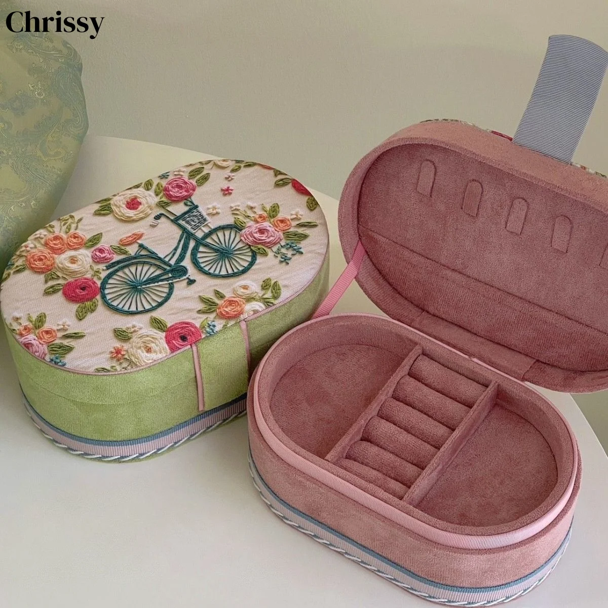 

Розовая зеленая бархатная шкатулка для украшений с цветочным узором для девочек, двухслойный футляр для хранения браслетов и колец, подарок на день рождения, органайзер для украшений