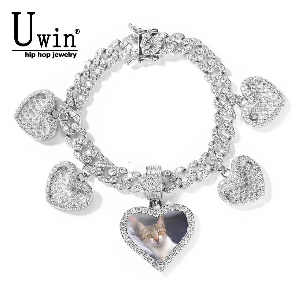 

Uwin Custom Small Heart Photo 9mm Miami Cuban Bracelet BaguetteCZ 4 Hearts Iced Out Anklet Hiphop Jewelry For Women Gift