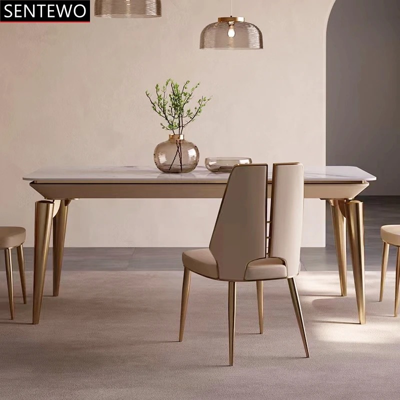 SENTEWO Ltalian Luxury Marble Dining Table 6 Dinning Chairs Metal Titanium  Glaze Gold Frame Kitchen Furniture Mesas De Jantar