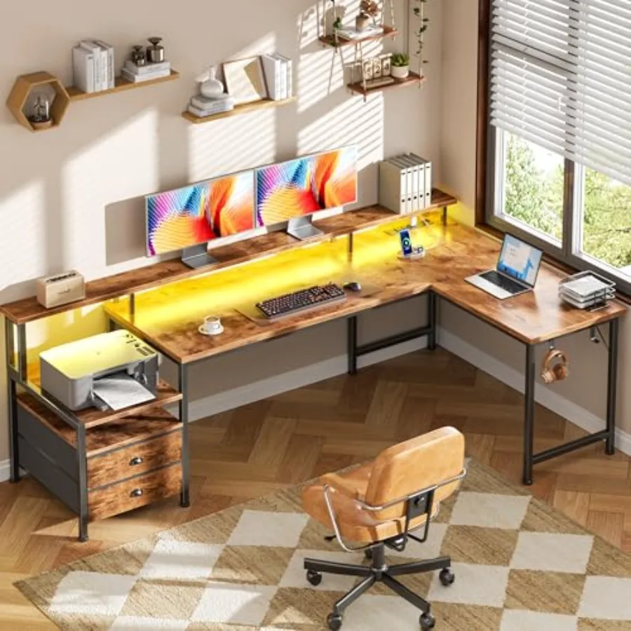 66'' L Shaped Computer Desk with Storage Drawers, Power Outlet, LED for Home Office, Engineered Wood, White, Space-Saving Desig