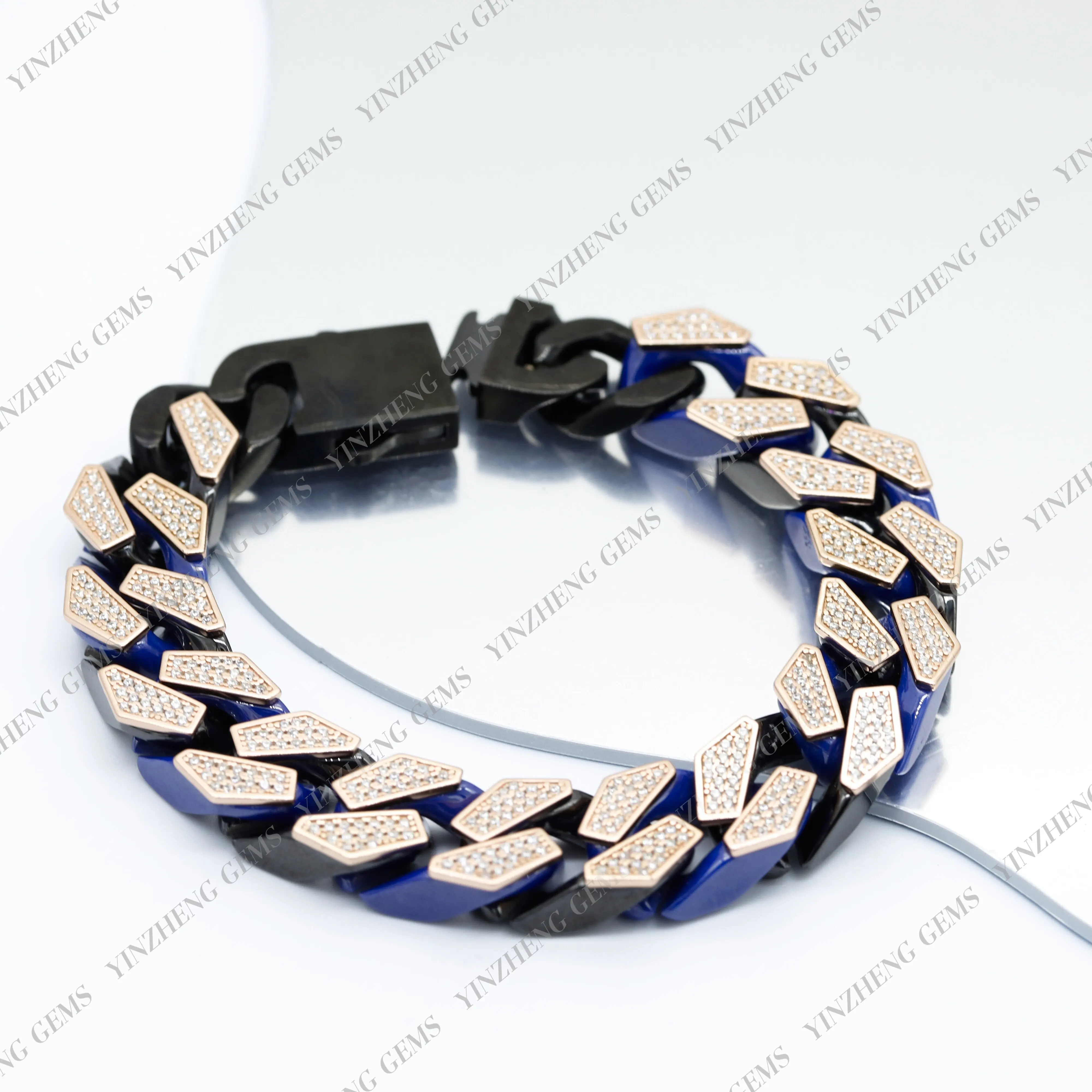 Hip Hop 30cm 925 Plata Nanocristal Porcelana Azul Negro Cadena cubana Pulsera punk