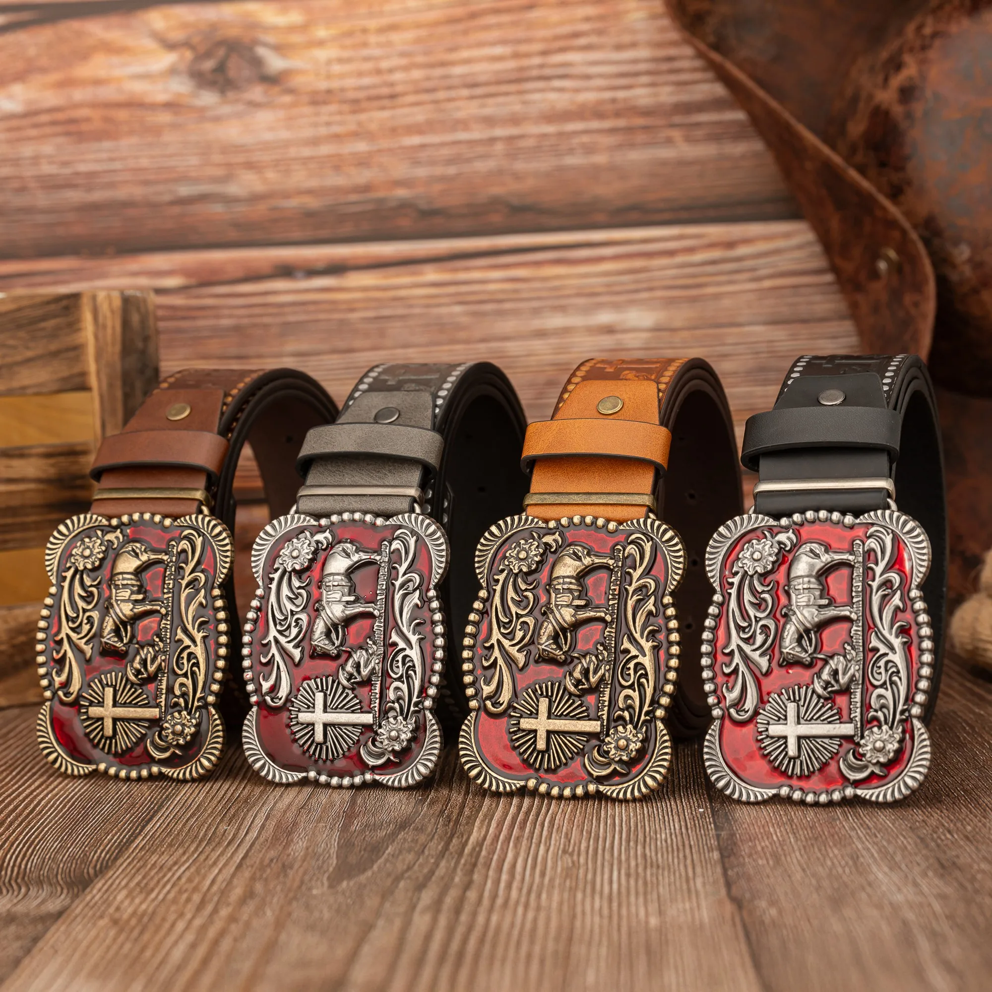 Red oil-dripping green leaf flower Wrangler buckle retro versatile Wrangler PU embossed hand-painted belt