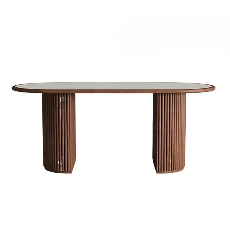 

Medieval oval solid wood dining table wabi sandy wind minimalist retro high-end rock slab household dining table
