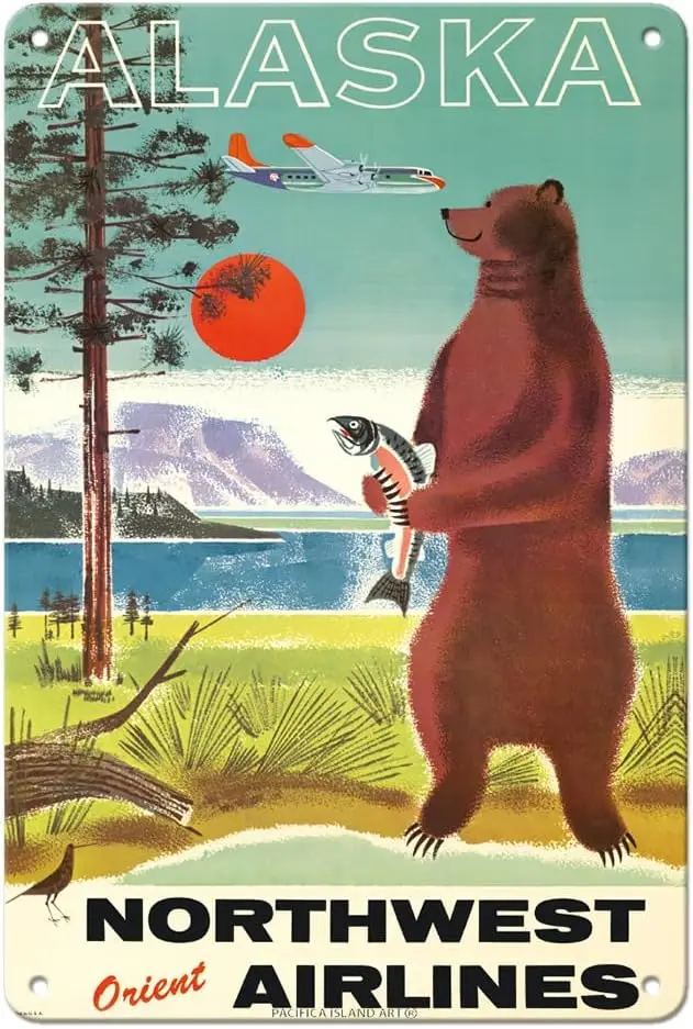 Pacifica Island Art Alaska - Northwest Airlines Kodiak Alaskan Brown Grizzly Bear Vintage Airline Travel Poster c.1960s  V
