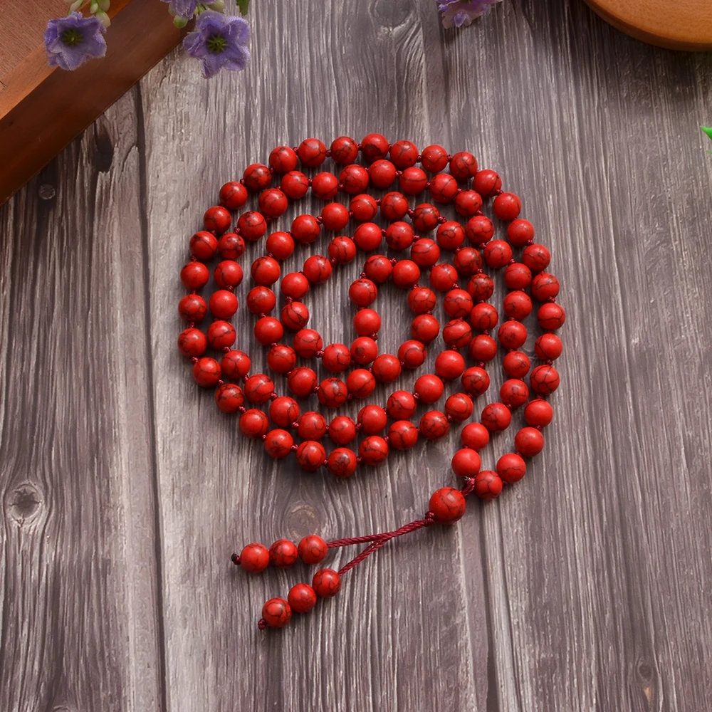 

8mm Red Turquoise Beads Knot 108 Mala Necklace Meditation Yoga Prayer Jewelry Japamala Rosary for Men and Women