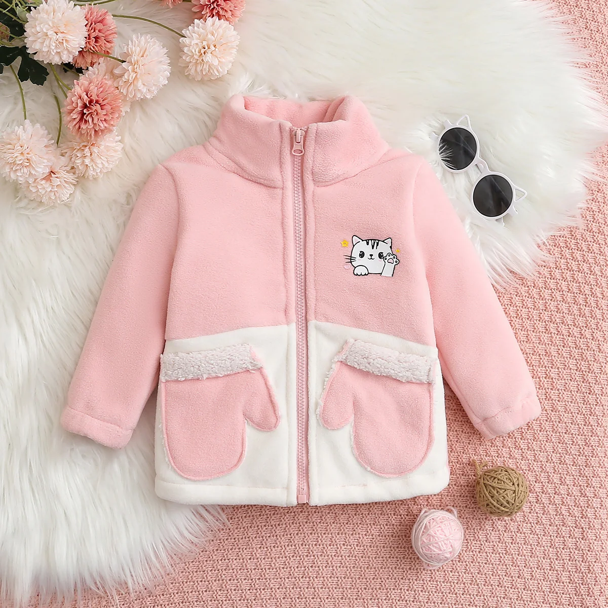 Lässige Unisex-Winterjacke aus Plüsch mit Reißverschlusskragen und langen Ärmeln für Jungen und Mädchen