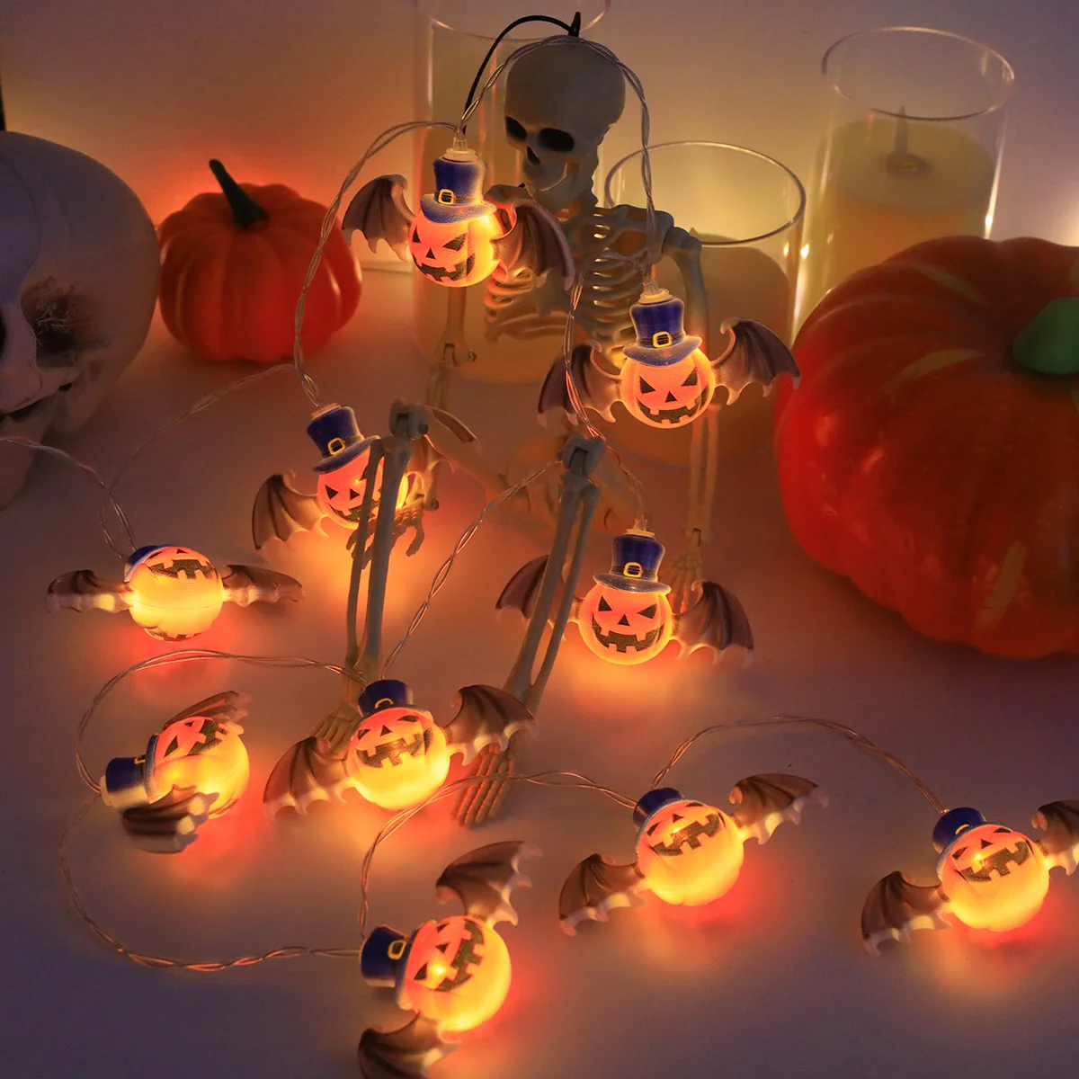 Halloween Bat Pumpkin LED String Lights Warm Orange Fairy Lights Indoor Window Haunted House Party Hanging Spooky Decor Lamp
