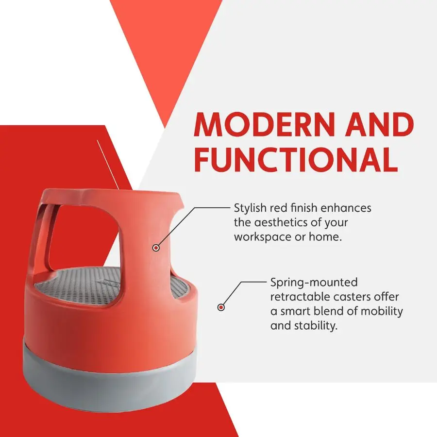 Scooter Stool, Round, 2Step, 15, Step and Lock Wheels, 300 lb Capacity, Red