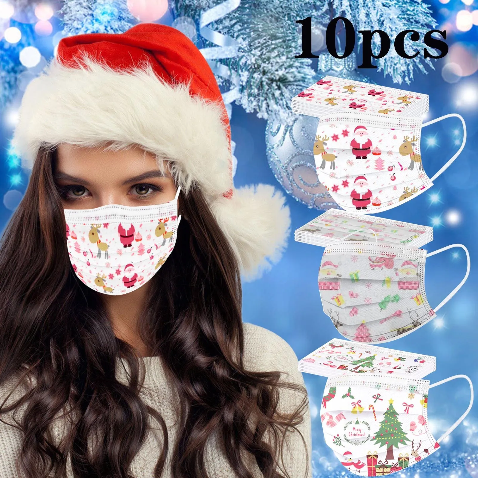 10pc Cute Christmas Print Disposable Protective Earloop Face Mask Fashionable Breathable Mask With A Variety Of Color Options