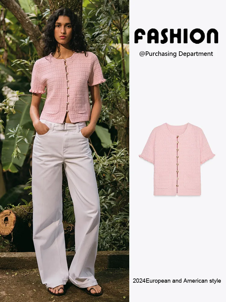 

New Summer Women's Knitted ort Sve round Ne Outerwear Single Button Decoration Layered Design Commute Sle Faionable