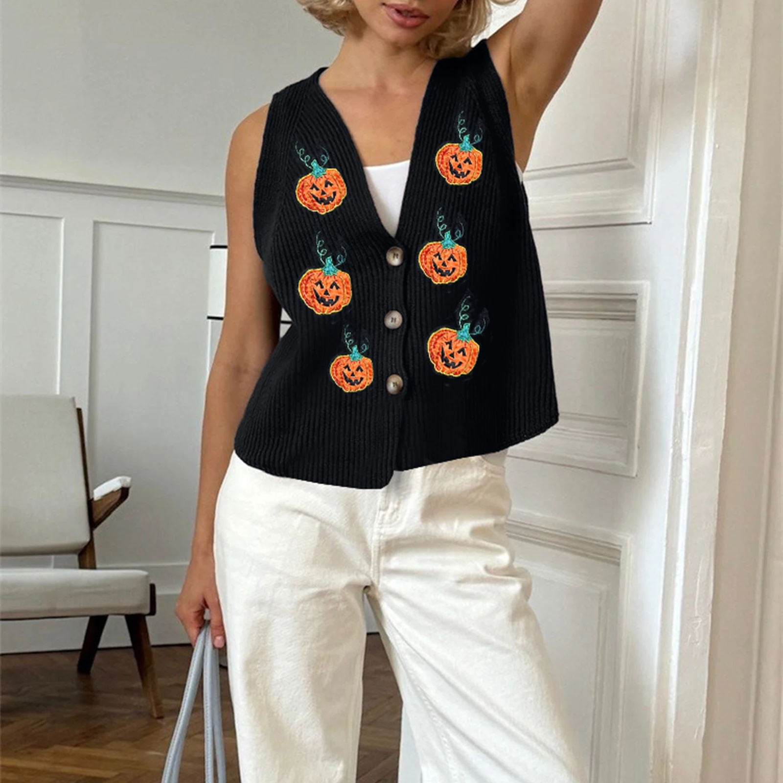 Halloween Sweater Vest for Women Vintage Embroidered Pumpkin Face Button Crochet Tank Y2K Spooky Knit Vest Tops Y2K Clothes