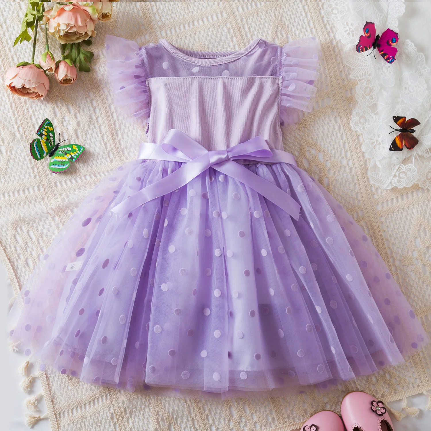 

New Sweet Baby Girl Dresses Summer Korean Version Polka Dot Mesh Dress Birthday Princess Flying Sleeve Fluffy Gauze Skirt