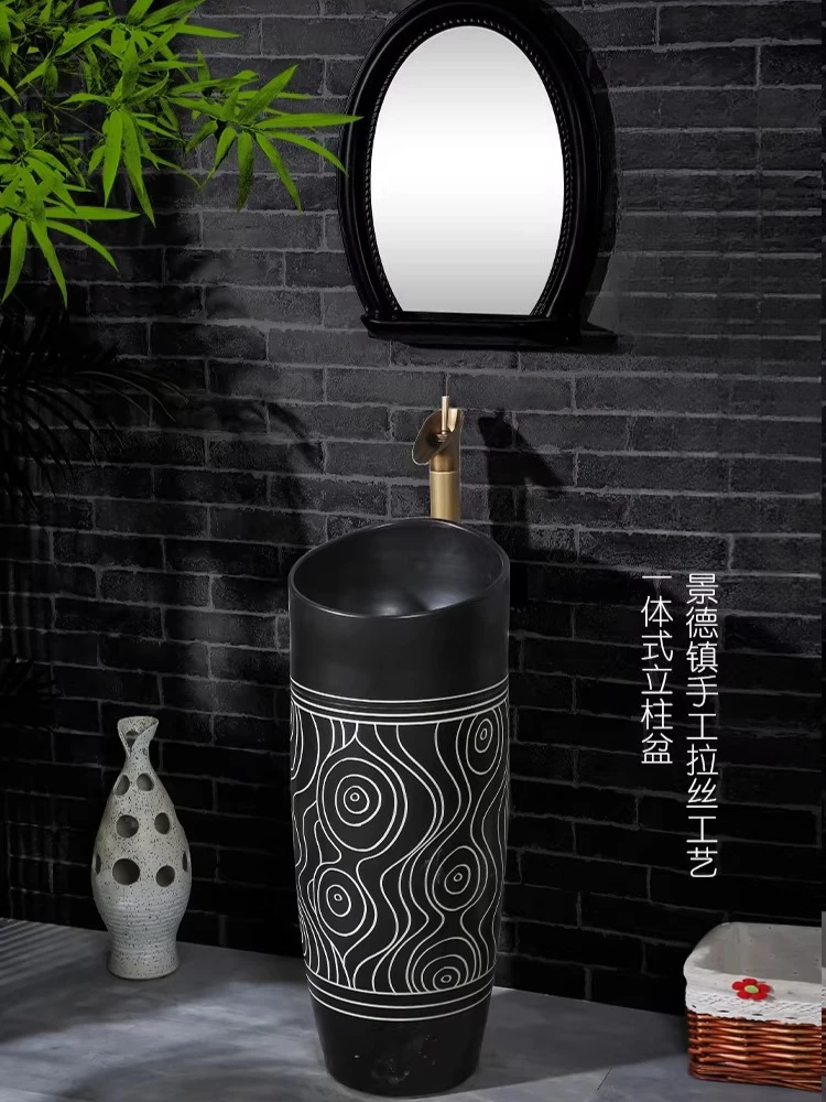 Black column basin Ceramic floor-to-ceiling wash basin Integrated column basin Small apartment washbasin Balcony column type