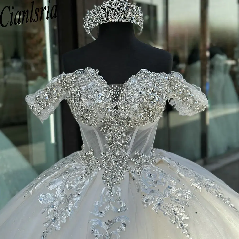 White Off The Shoulder Crystal Beading Quinceanera Dresses Ball Gown Appliques Lace Princess Sweet 15 Birthday