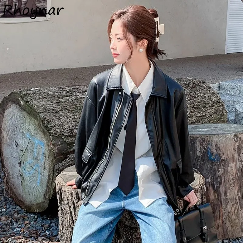 

PU Jackets Women Autumn College Retro Streetwear Temperament Tops Turn-down Collar Fashion Ulzzang Korean Version All-match Chic