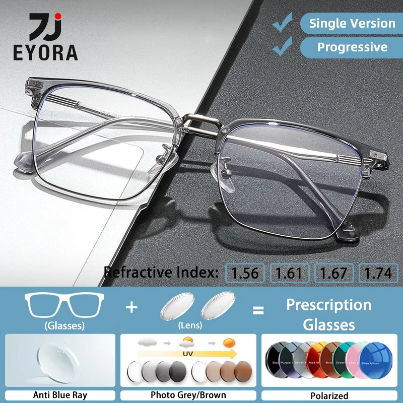 

EYORA Business Metal Full Rim Square Reading Glasses Myopia Eyewear Hyperopia Anti Blue Light Progressive Photochromic Eyewear