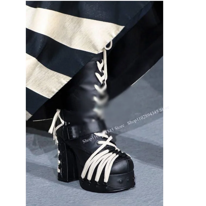 Black Purple Strap Decor Platform Boots Thick Heel Fashionable Sexy 2023 Summer Casual Big Size Woman Shoes Zapatillas Mujer