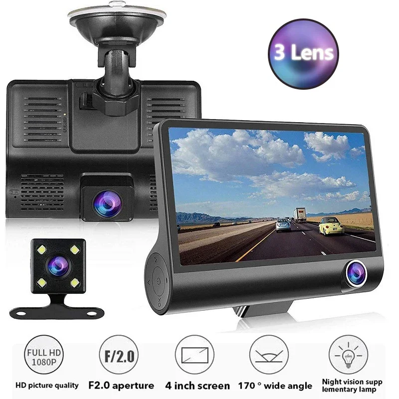 

4 lnch 3 Lens Dash Cam IPS HD Screen Car DVR 1080P Dual Cameras Car DVR Camera Night Vision With 170 Degree Rear View