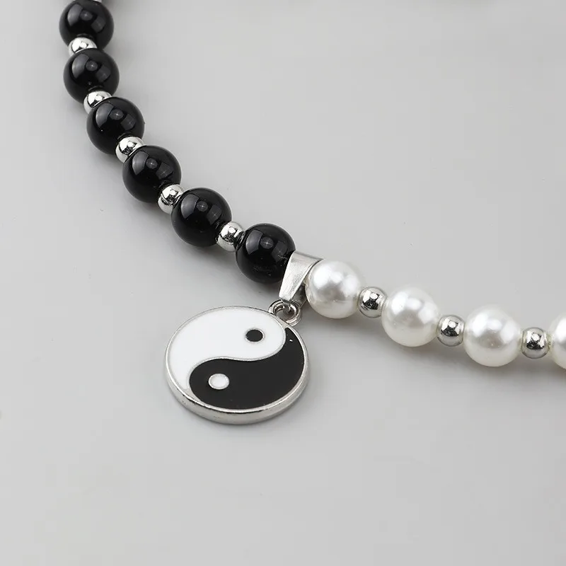 Black White Taoism Yin Yang Round Charm Beaded Faux Pearl Tai Chi Choker Necklace for Men Women Protection Lucky Jewelry Gifts