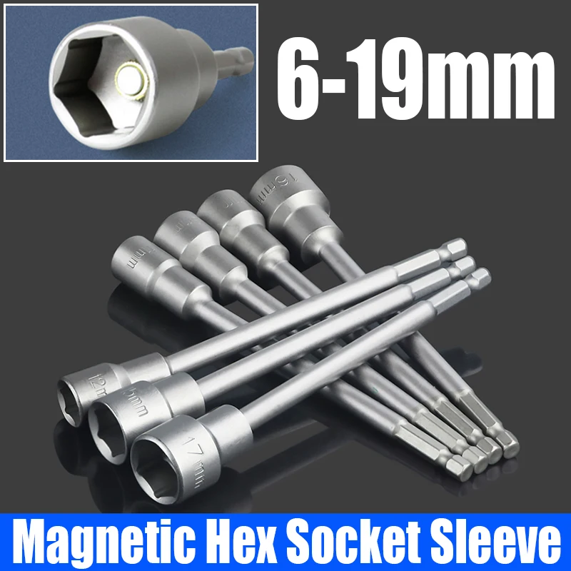 1PCS 6-19mm L=150mm Hex Socket Sleeve Nozzles Nut Driver Magnetic Impact Socket Hex Shank Socket Wrench Socket Screwdriver