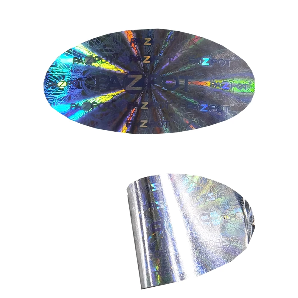 

20000pcs 25x15 MM High Quality Customized Designs Security Hologram Labels 3D Rainbow Effect Tamper Evident Silver Oval Stickers