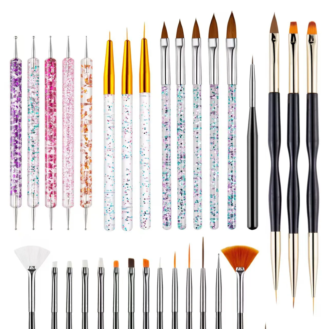 31Pcs Mixed Nail Art Brush Dotting Pen Set Soft Bristle UV Gel Liner Builder Gradient DIY Salon Manicure Tools