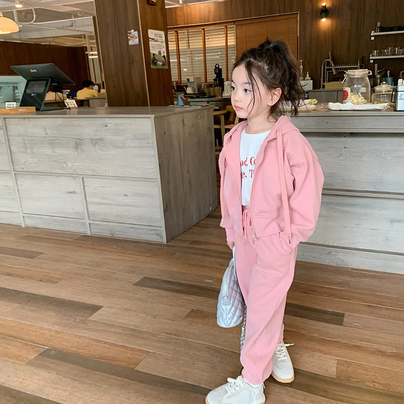 Baby Girl Clothes Suit Girls Casual Korean Double Zipper Hoodie Drawstring Ankle Sweatpants Fashion Casual Two-piece Set