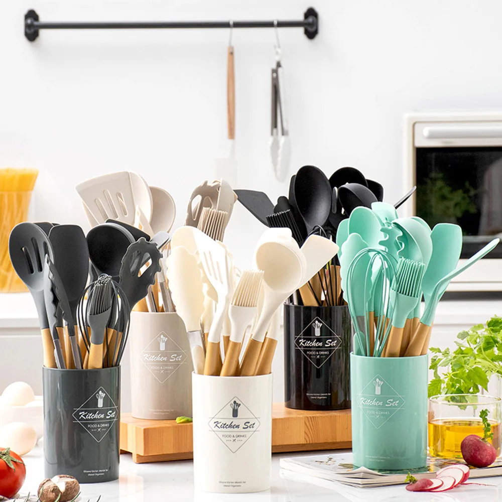

12Pcs Silicone PP Handle Cooking Utensils Set Non-Stick Heat Resistant Tongs Spatula Spoon Oil Brush Perfect Kitchen Supplies