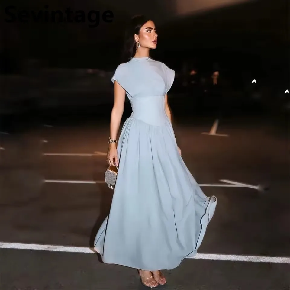 

Sevintage 2025 Sky Blue Tea Length O Neck Cap Sleeves Evening Dress Soft Satin Prom Dress Saudi Arabic Party Gown Customized