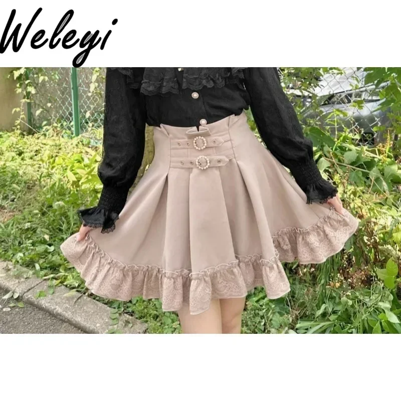 Lolita Kawaii Faldas Para Mujeres New High Waist Mine Series Mass Production Double Circle Belt Roll Strap A Shaped Short Skirts