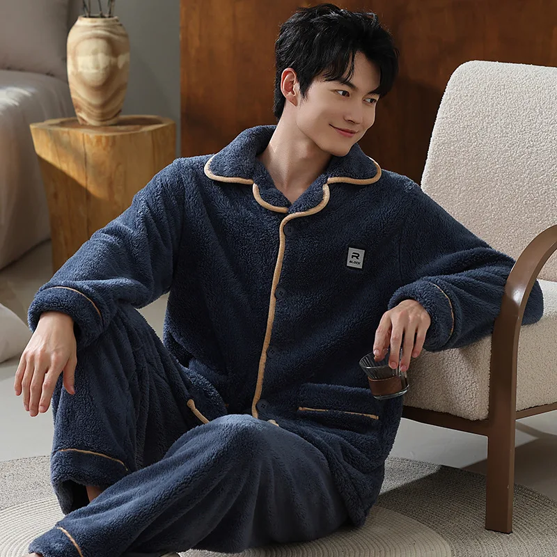 

Male Pajamas Winter Thick Warm Nightwear Sleepwear Night Outfit Flannel Pajamas Set for Men Thick Long SleeveNightwear
