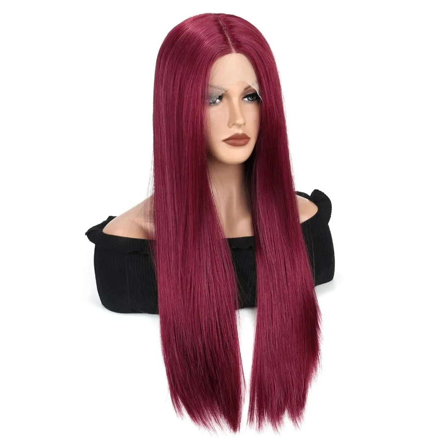 الاصطناعية الدانتيل الجبهة الباروكات للنساء شعر أحمر مستقيم غلويليس 13x4x1 طويل مستقيم ألياف طبيعية مقاومة للحرارة شعر مستعار طبيعي واي فاي #5