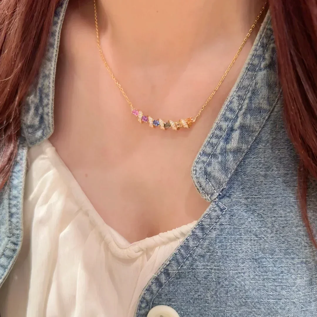 S925 Sterling Silber Halskette mit Bunten Zirkon-Edelsteinen, Schmuck-Accessoire für Damen Abendkleider und Partys – Detail 8