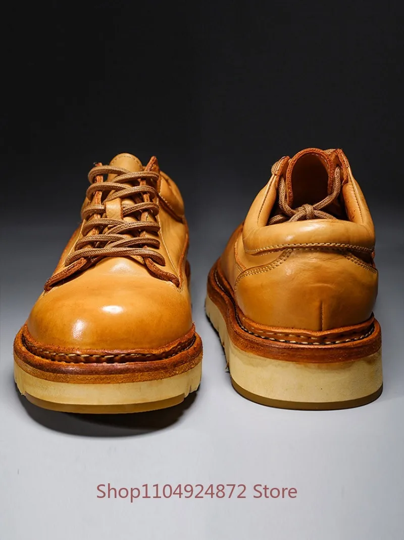 Handmade Genuine Leather Men's Shoes Low Top Lace Up Derby Thick Sole  Cowhide Vintage Casual Shoes Male Work Formal Brown