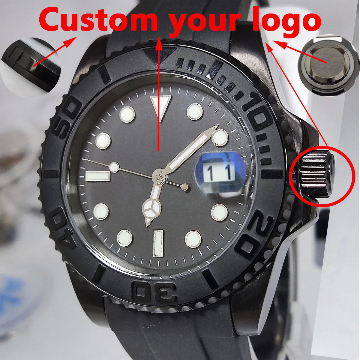 เคส NH35สีดำทั้งหมดขนาด40มม. เคส nh36 nh35แก้วแซฟไฟร์เคสนาฬิกาโลโก้ที่กำหนดเองหน้าปัด nh36 nh35เคลื่อนไหว nh35