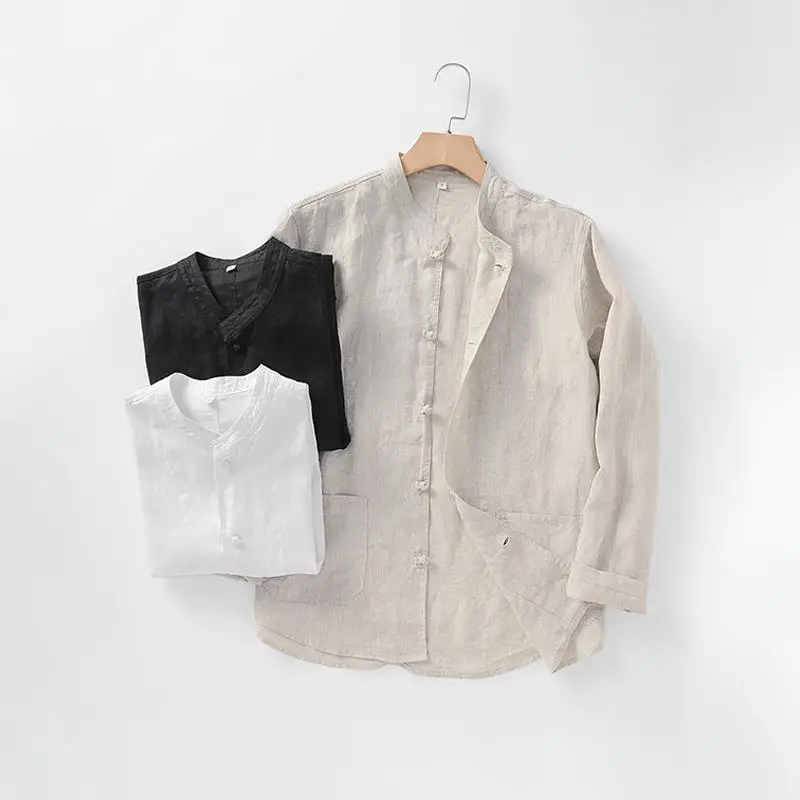 

Linen Men's Chinese Style Stand Collar Shirt Long Sleeve Non-deformable Ordinary Thickness Summer Pure Color Casual Shirt